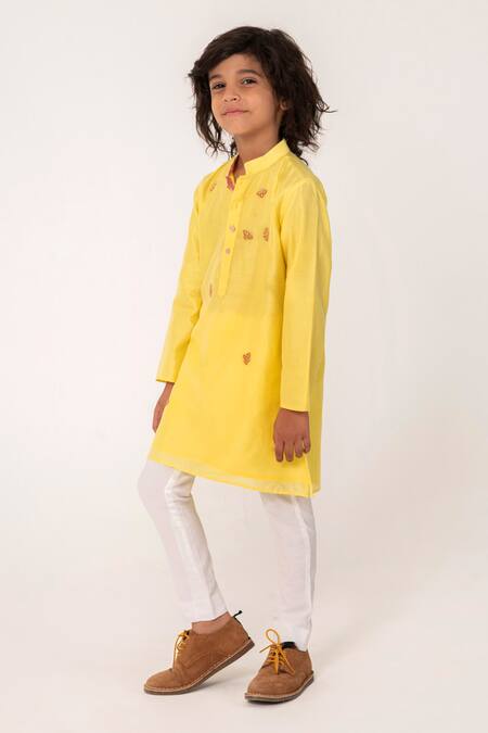 Partykles_Yellow Chanderi Embroidery Bee Placement Kurta And Pant Set _Online_at_Aza_Fashions