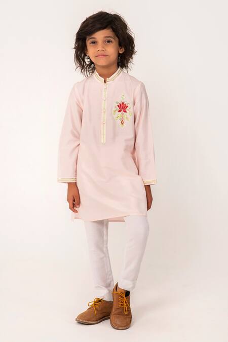 Partykles_Pink Cotton, Silk Embroidery Lotus Kurta And Pant Set _Online_at_Aza_Fashions