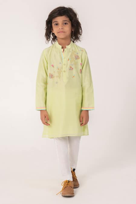 Partykles_Green Chanderi Embroidery Bee Hive And Butterfly Kurta Set _Online_at_Aza_Fashions