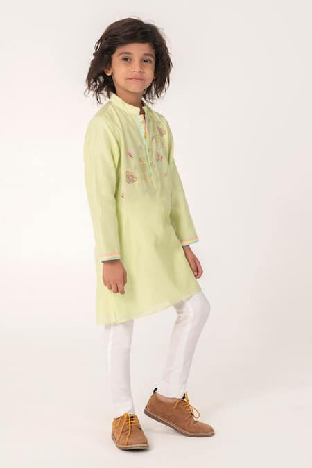 Buy_Partykles_Green Chanderi Embroidery Bee Hive And Butterfly Kurta Set _Online_at_Aza_Fashions