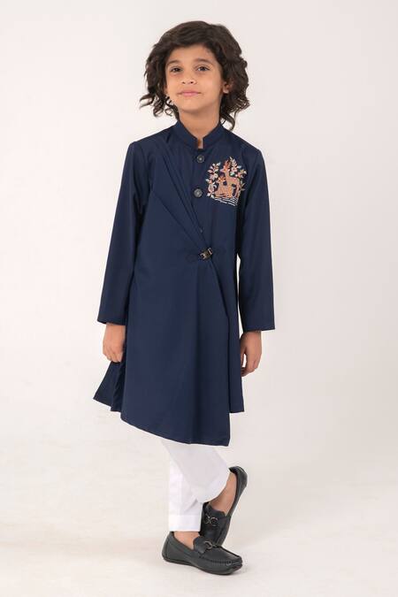 Partykles_Navy Suiting Embroidery Drape Silhouette Kurta And Pant Set _Online_at_Aza_Fashions