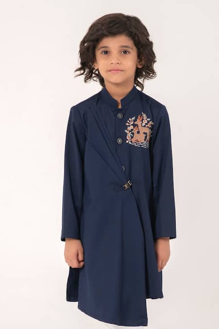 Buy_Partykles_Navy Suiting Embroidery Drape Silhouette Kurta And Pant Set _Online_at_Aza_Fashions