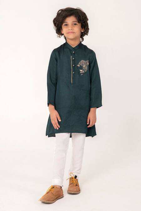 Partykles_Green Linen, Silk Embroidery Cheetah Face Kurta And Pant Set _Online_at_Aza_Fashions