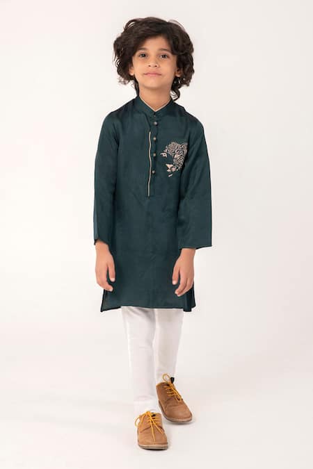 Buy_Partykles_Green Linen, Silk Embroidery Cheetah Face Kurta And Pant Set _Online_at_Aza_Fashions
