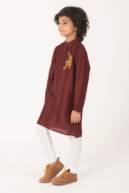 Partykles_Maroon Embroidery Tiger Kurta And Pant Set _Online_at_Aza_Fashions