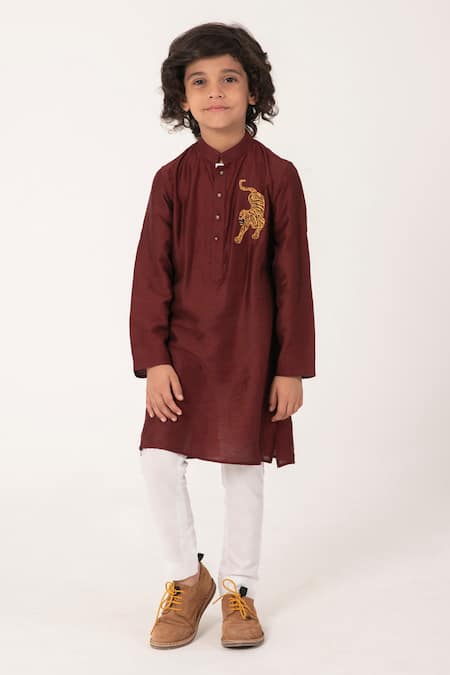 Buy_Partykles_Maroon Embroidery Tiger Kurta And Pant Set _Online_at_Aza_Fashions
