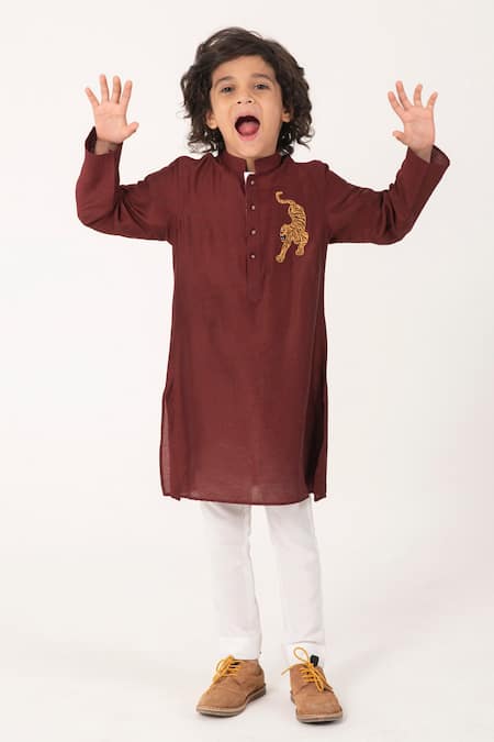 Shop_Partykles_Maroon Embroidery Tiger Kurta And Pant Set _Online_at_Aza_Fashions
