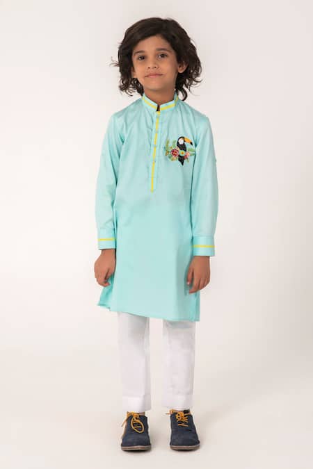 Buy_Partykles_Aqua Cotton Satin Embroidery Toucan Bird Kurta And Pant Set _Online_at_Aza_Fashions
