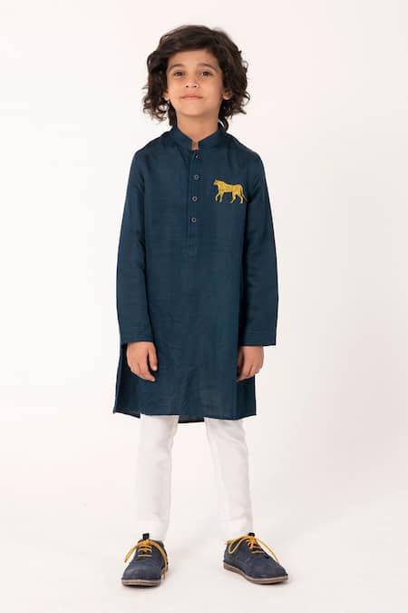 Partykles_Teal Embroidery Cheeta Kurta And Pant Set _Online_at_Aza_Fashions