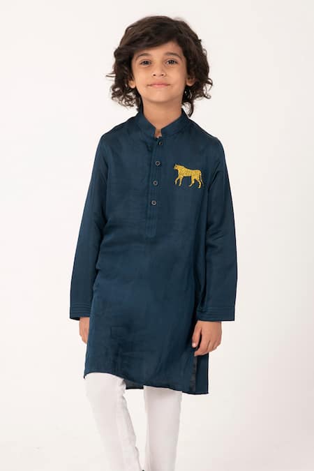 Shop_Partykles_Teal Embroidery Cheeta Kurta And Pant Set _Online_at_Aza_Fashions