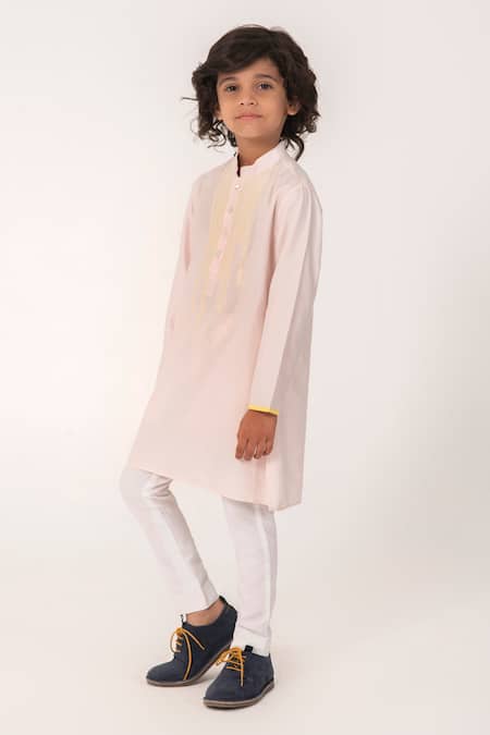 Partykles_Pink Cotton, Silk Embroidery Kurta And Pant Set _Online_at_Aza_Fashions