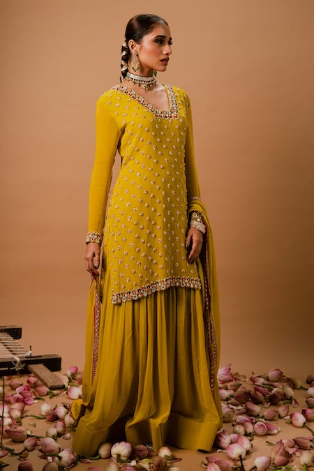 Ria Shah Label_Yellow Georgette Sequins, Pearls, Mirrors, Embroidery, Zari Kurta Sharara Set _Online_at_Aza_Fashions