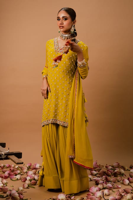 Shop_Ria Shah Label_Yellow Georgette Sequins, Pearls, Mirrors, Embroidery, Zari Kurta Sharara Set _Online_at_Aza_Fashions
