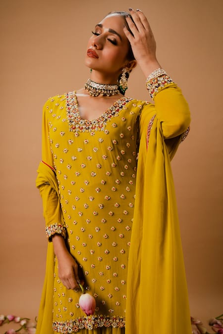 Ria Shah Label_Yellow Georgette Sequins, Pearls, Mirrors, Embroidery, Zari Kurta Sharara Set _at_Aza_Fashions
