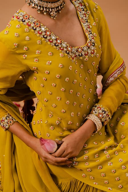 Buy_Ria Shah Label_Yellow Georgette Sequins, Pearls, Mirrors, Embroidery, Zari Kurta Sharara Set 