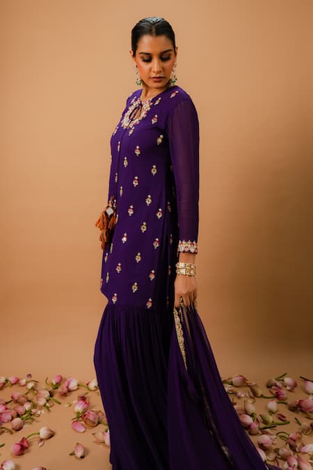 Buy_Ria Shah Label_Purple Georgette Sequins, Pearls, Mirrors, Embroidery, Zari Kurta Sharara Set _Online_at_Aza_Fashions