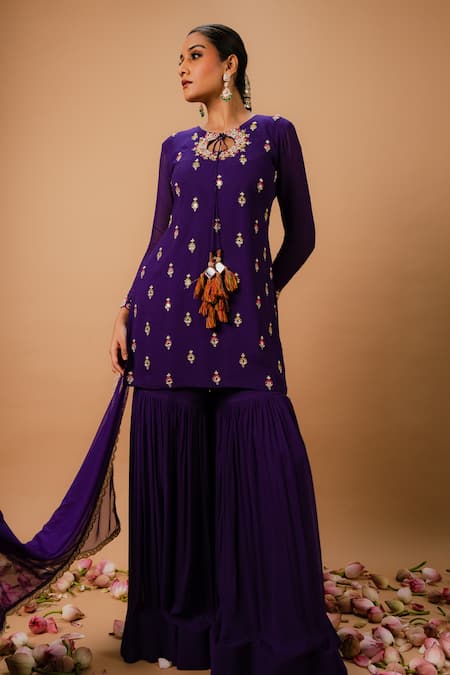 Shop_Ria Shah Label_Purple Georgette Sequins, Pearls, Mirrors, Embroidery, Zari Kurta Sharara Set _Online_at_Aza_Fashions