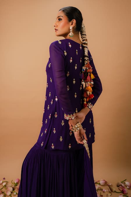 Ria Shah Label_Purple Georgette Sequins, Pearls, Mirrors, Embroidery, Zari Kurta Sharara Set _at_Aza_Fashions