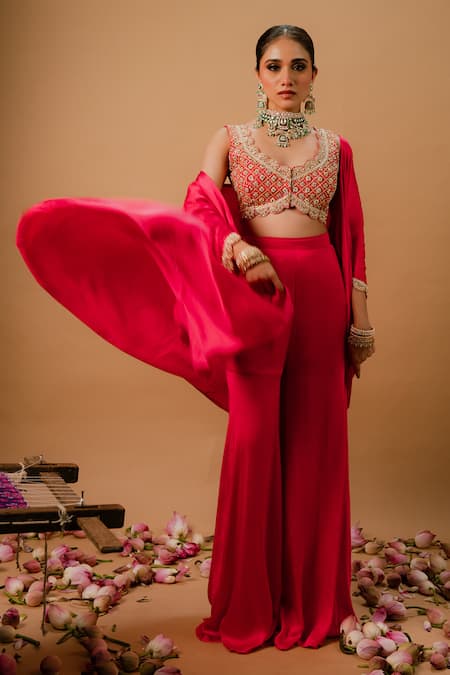 Ria Shah Label_Pink Modal, Silk Sequins, Pearls, Mirrors, Zari, Embroidery Cape Sharara Set _Online_at_Aza_Fashions