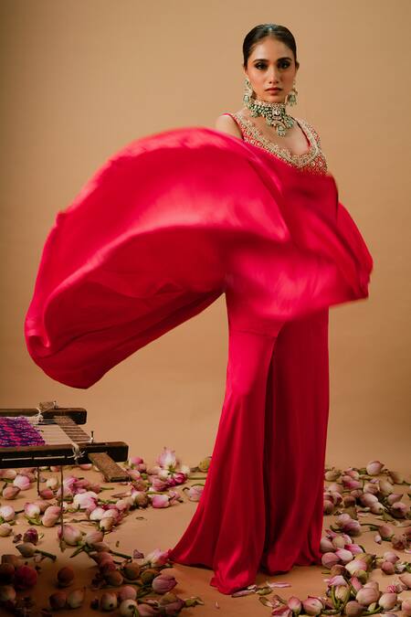 Buy_Ria Shah Label_Pink Modal, Silk Sequins, Pearls, Mirrors, Zari, Embroidery Cape Sharara Set _Online_at_Aza_Fashions