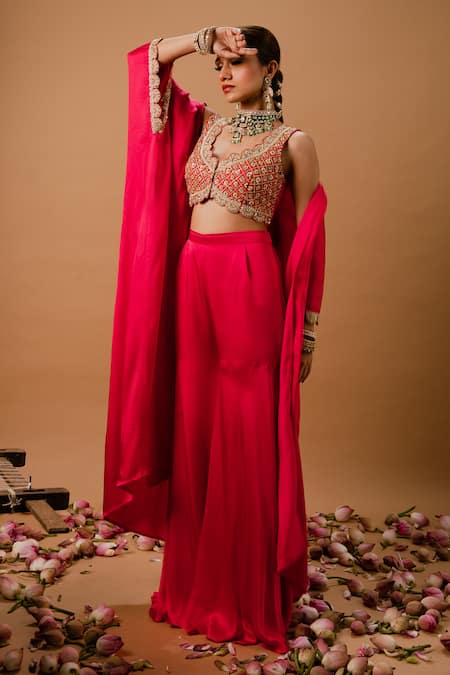 Shop_Ria Shah Label_Pink Modal, Silk Sequins, Pearls, Mirrors, Zari, Embroidery Cape Sharara Set _Online_at_Aza_Fashions
