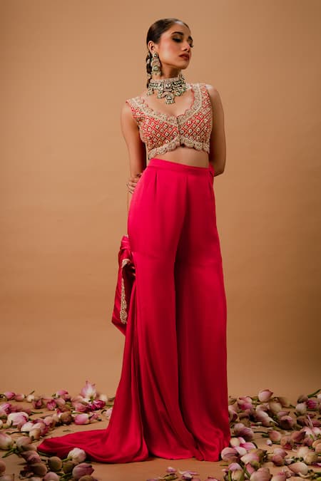 Ria Shah Label_Pink Modal, Silk Sequins, Pearls, Mirrors, Zari, Embroidery Cape Sharara Set _at_Aza_Fashions