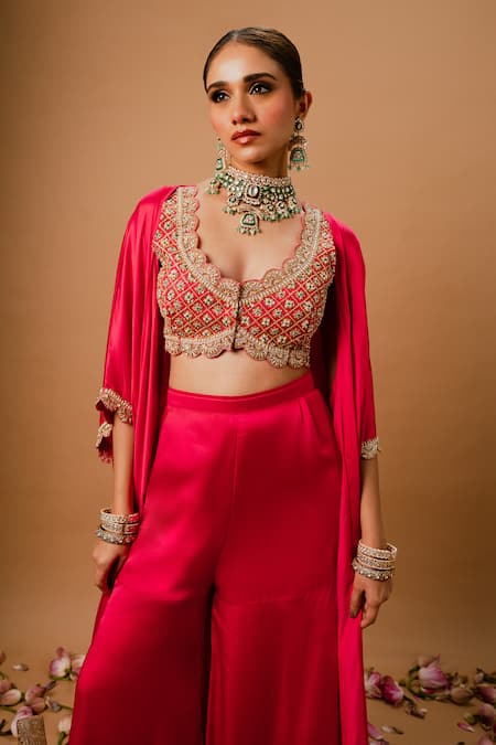 Buy_Ria Shah Label_Pink Modal, Silk Sequins, Pearls, Mirrors, Zari, Embroidery Cape Sharara Set 