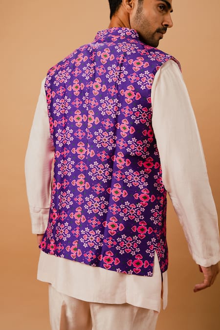Buy_Ria Shah Label_Purple Dupion, Silk Printed Bundi And Kurta Set _Online_at_Aza_Fashions