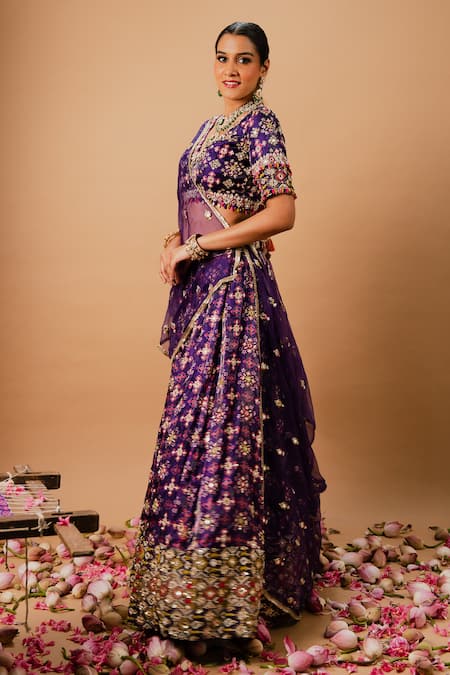 Ria Shah Label_Purple Organza, Tissue Embroidery, Zari, Sequins, Patola Print Lehenga Set _Online_at_Aza_Fashions