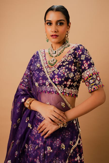 Buy_Ria Shah Label_Purple Organza, Tissue Embroidery, Zari, Sequins, Patola Print Lehenga Set _Online_at_Aza_Fashions