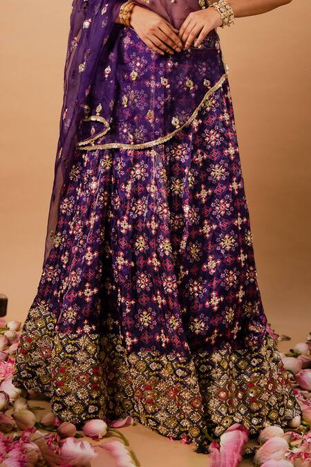 Shop_Ria Shah Label_Purple Organza, Tissue Embroidery, Zari, Sequins, Patola Print Lehenga Set _Online_at_Aza_Fashions