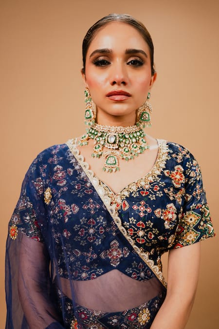 Ria Shah Label_Navy Organza, Tissue Embroidery, Sequins, Pearls, Mirrors, Printed Lehenga Set _Online_at_Aza_Fashions
