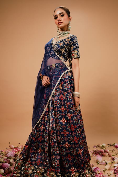 Buy_Ria Shah Label_Navy Organza, Tissue Embroidery, Sequins, Pearls, Mirrors, Printed Lehenga Set _Online_at_Aza_Fashions