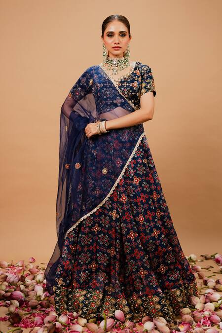 Shop_Ria Shah Label_Navy Organza, Tissue Embroidery, Sequins, Pearls, Mirrors, Printed Lehenga Set _Online_at_Aza_Fashions