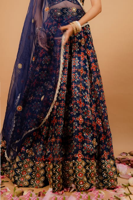 Ria Shah Label_Navy Organza, Tissue Embroidery, Sequins, Pearls, Mirrors, Printed Lehenga Set _at_Aza_Fashions