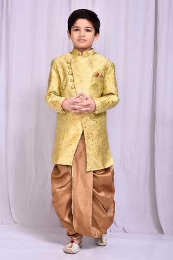 Petite Pomme_Green Jacquard, Silk Embroidery Floral Vine Pattern Sherwani With Dhoti Pant _Online_at_Aza_Fashions
