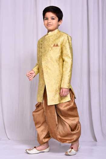 Buy_Petite Pomme_Green Jacquard, Silk Embroidery Floral Vine Pattern Sherwani With Dhoti Pant _Online_at_Aza_Fashions