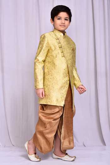 Shop_Petite Pomme_Green Jacquard, Silk Embroidery Floral Vine Pattern Sherwani With Dhoti Pant _Online_at_Aza_Fashions