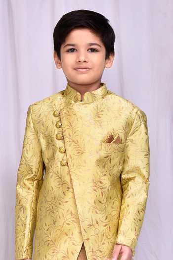 Buy_Petite Pomme_Green Jacquard, Silk Embroidery Floral Vine Pattern Sherwani With Dhoti Pant 