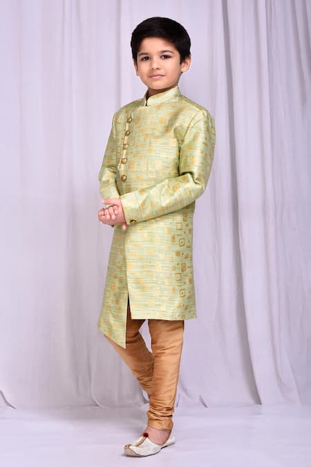 Buy_Petite Pomme_Green Jacquard Embroidery Geometric Pattern Sherwani _Online_at_Aza_Fashions