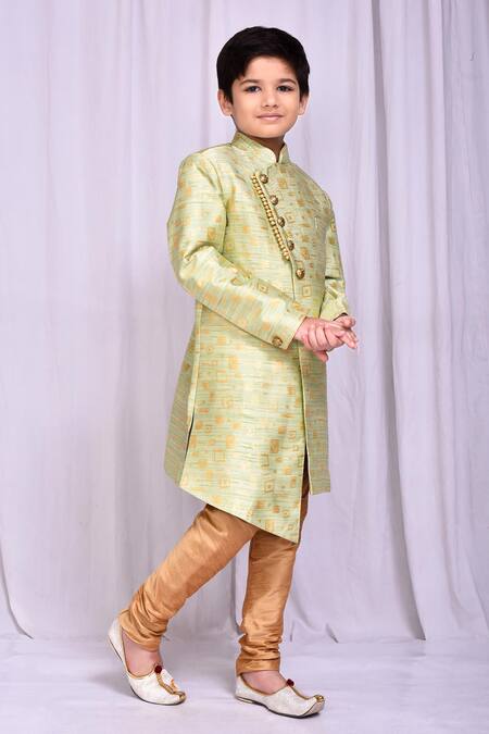 Shop_Petite Pomme_Green Jacquard Embroidery Geometric Pattern Sherwani _Online_at_Aza_Fashions