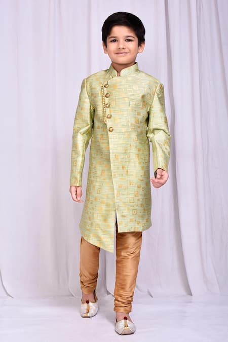 Petite Pomme_Green Jacquard Embroidery Geometric Pattern Sherwani _at_Aza_Fashions