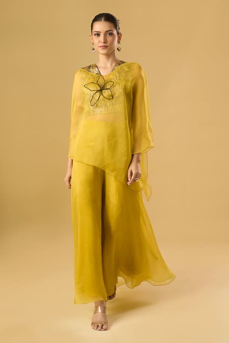 Ritika Arya Jain_Yellow Organza Sequins, Embroidery V-neck Floral Cape Sharara Set _Online_at_Aza_Fashions