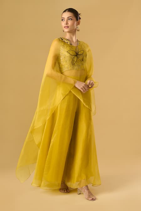 Shop_Ritika Arya Jain_Yellow Organza Sequins, Embroidery V-neck Floral Cape Sharara Set _Online_at_Aza_Fashions