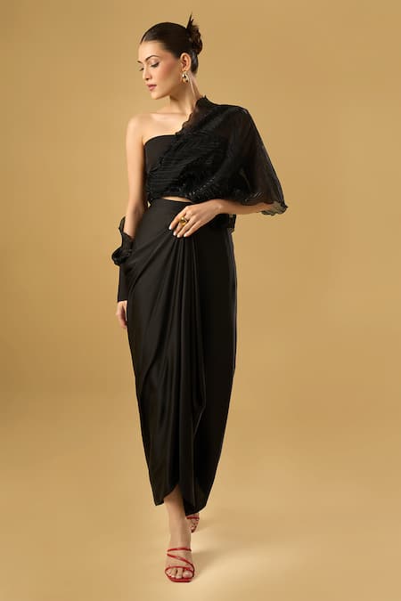 Buy_Ritika Arya Jain_Black Bandeau Neck Alaya Top And Skirt Set _Online_at_Aza_Fashions