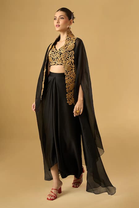 Buy_Ritika Arya Jain_Black Embroidery Collared, V-neck Noira Cape Skirt Set _Online_at_Aza_Fashions