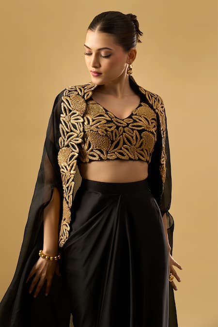 Buy_Ritika Arya Jain_Black Embroidery Collared, V-neck Noira Cape Skirt Set 