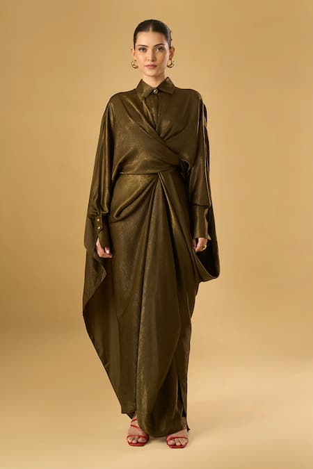 Ritika Arya Jain_Brown Collared Nyra Shirt With Draped Skirt _Online_at_Aza_Fashions