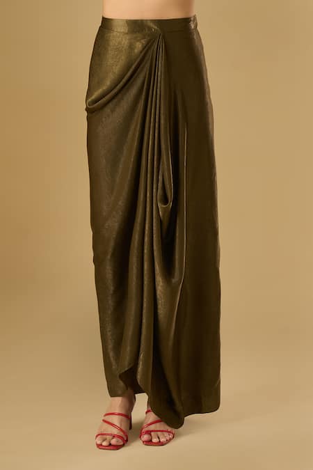 Shop_Ritika Arya Jain_Brown Collared Nyra Shirt With Draped Skirt _Online_at_Aza_Fashions