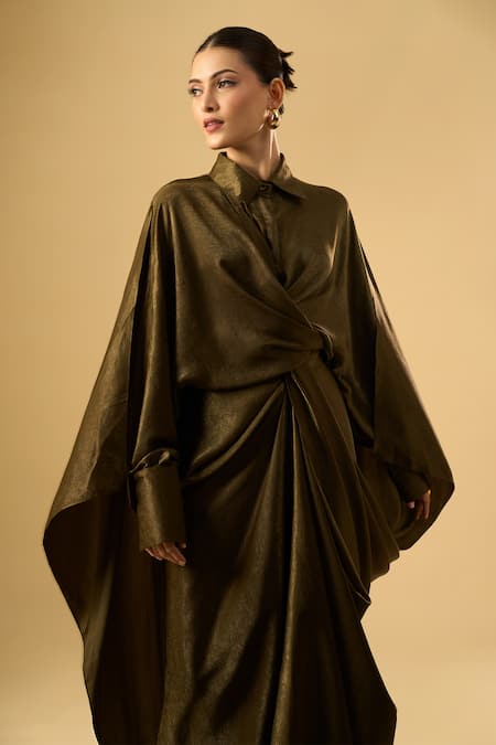 Ritika Arya Jain_Brown Collared Nyra Shirt With Draped Skirt _at_Aza_Fashions